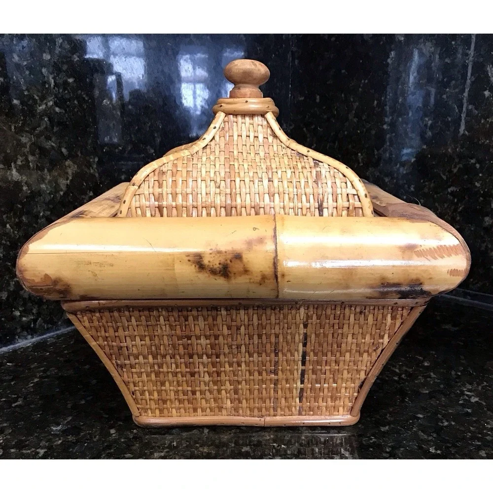 Vintage Wicker Rattan Scorched Bamboo Storage Box With Lid Planter